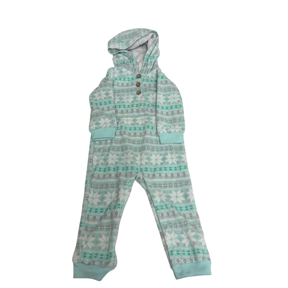 Carters Baby Girl 18M Mint Green Fair Isle Snowflake Fleece Hooded Jumpsuit